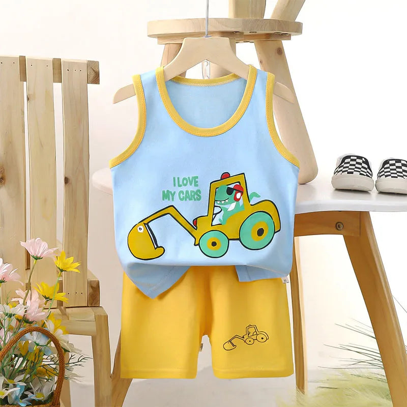 Boys Vest Set Summer Cotton New Clothes Children's Sleeveless Cartoon Wool Comfort Set Class A Thin Two-piece Set for 6-9months-Dollar Bargains Online Shopping Australia