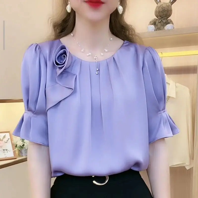 Folds Spliced Blouse Fashion All-match Round Neck Short Sleeve Shirt Women's-Dollar Bargains Online Shopping Australia