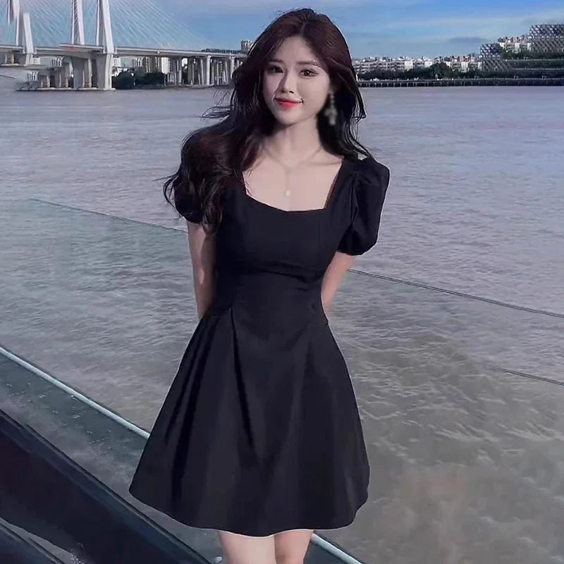 Women Puff Short Sleeve Slim Dress Fashion Korean Versatile Dress Vintage Square Neck Party Cloth Female Sexy Sweet Dress-Dollar Bargains Online Shopping Australia