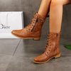 New Women's Boots Fashion Side Zip Round Toe Biker Boots Solid Color Lace-Up Chunky Heel Casual Shoes Coturno Feminino