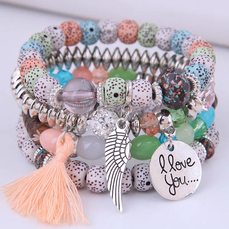 Bohemian Multicolor Pink Crystal Beads Bracelets Women Girls Elastic Tassel Wing Letters Rope Bracelet-Dollar Bargains Online Shopping Australia