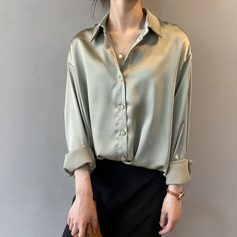 Silk Korean Office Ladies Elegant Shirt Blouse Women Fashion Button Up Satin Shirt Vintage White Long Sleeve Shirts-Dollar Bargains Online Shopping Australia