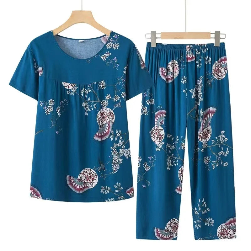 Cotton Pyjamas Women's Pajamas Set Short Sleeve Two Piece Set Casual Mother Home Clothes Pant