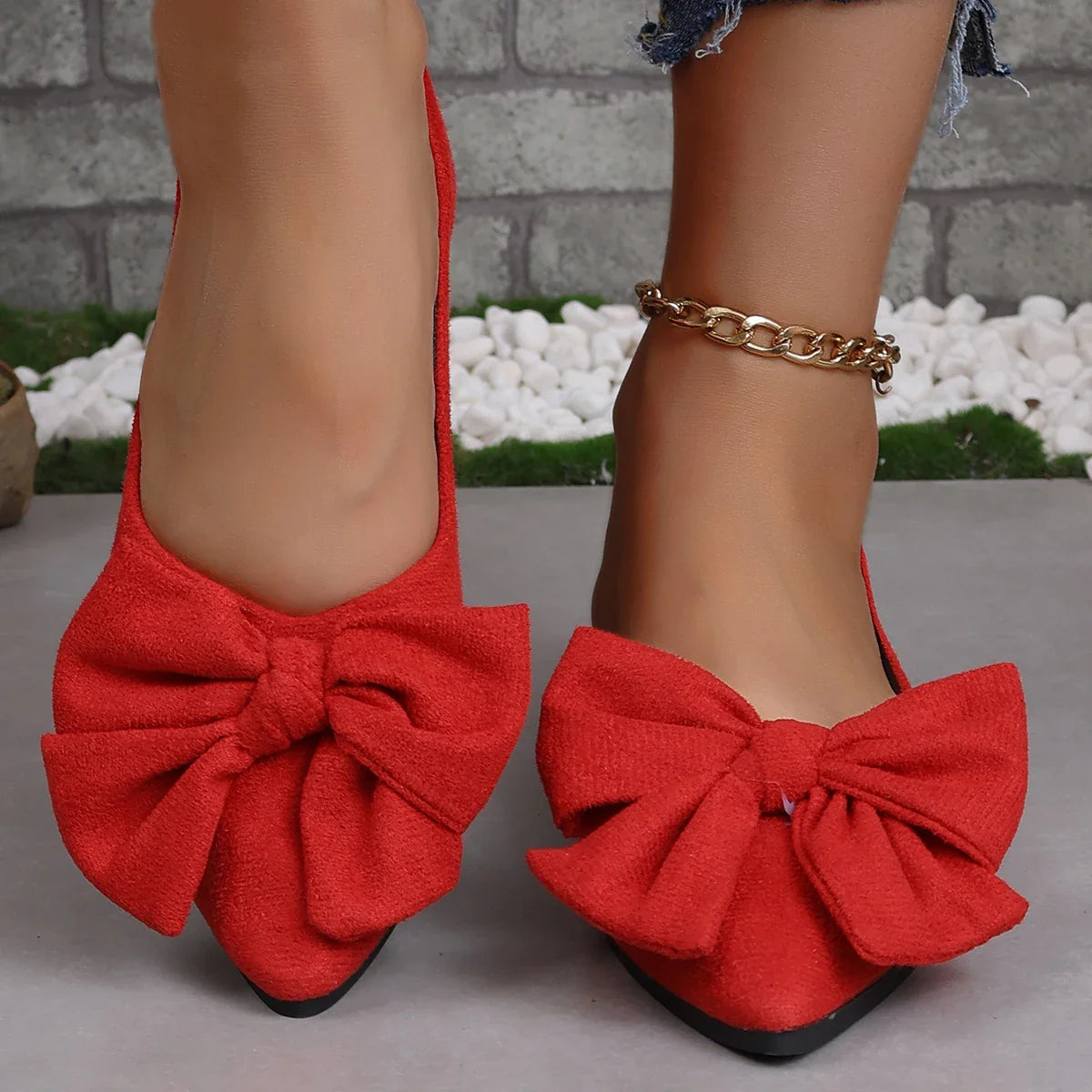 Flat Shoes Fashion Bow Woven Canvas Ballet Shoes Pointed Toe Flocking Red Flats-Dollar Bargains Online Shopping Australia