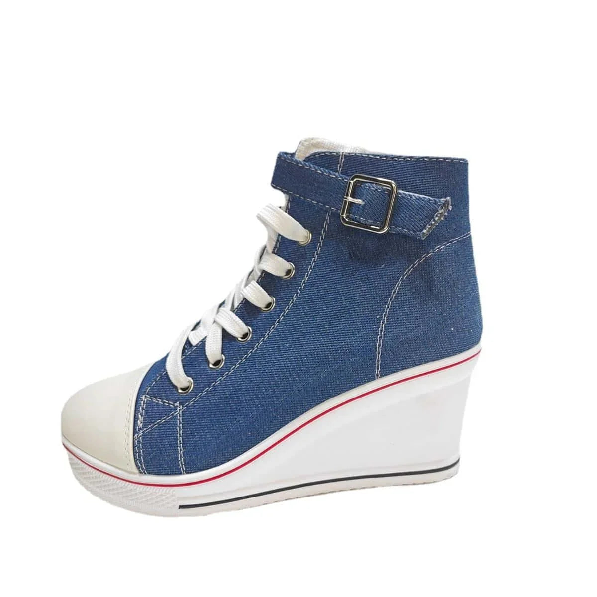 High Top Canvas Women Wedge Shoes Women's Denim Ankle Lace Up Ladies Ankle Canvas Shoes Woman 8cm Heels Sneakers-Dollar Bargains Online Shopping Australia