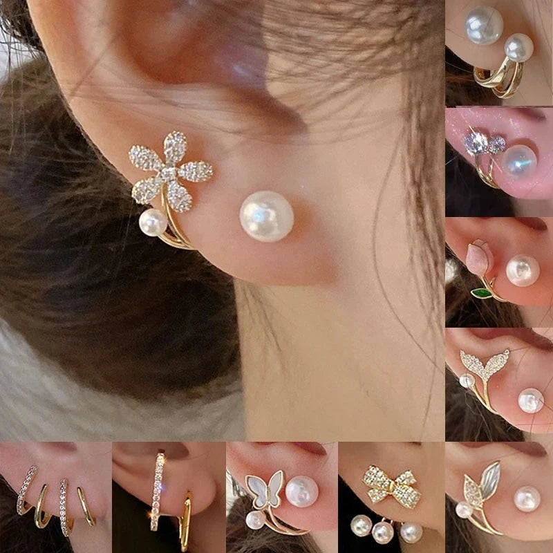 Korean Vintage Pearl Crystal Earrings For Women Jewelry High-class Luxury Zircon Flower Butterfly Leaf Women's Stud Earrings-Dollar Bargains Online Shopping Australia