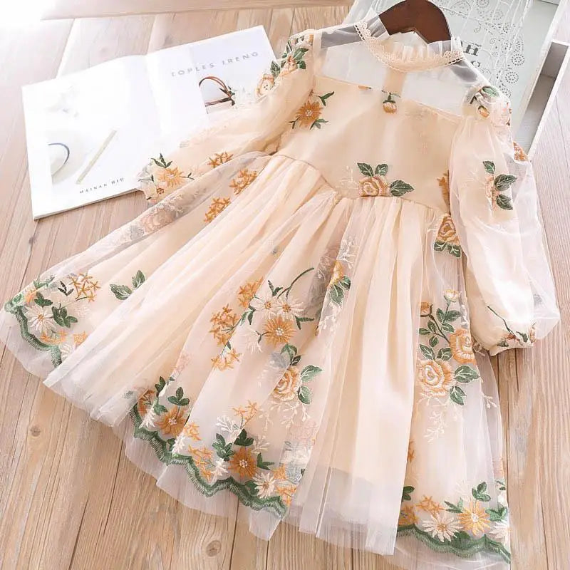 Little Girls Autumn Full Sleeves Dress for Children Party Kids Casual Dress Pink Floral Embroidery Dresses Princess Wear