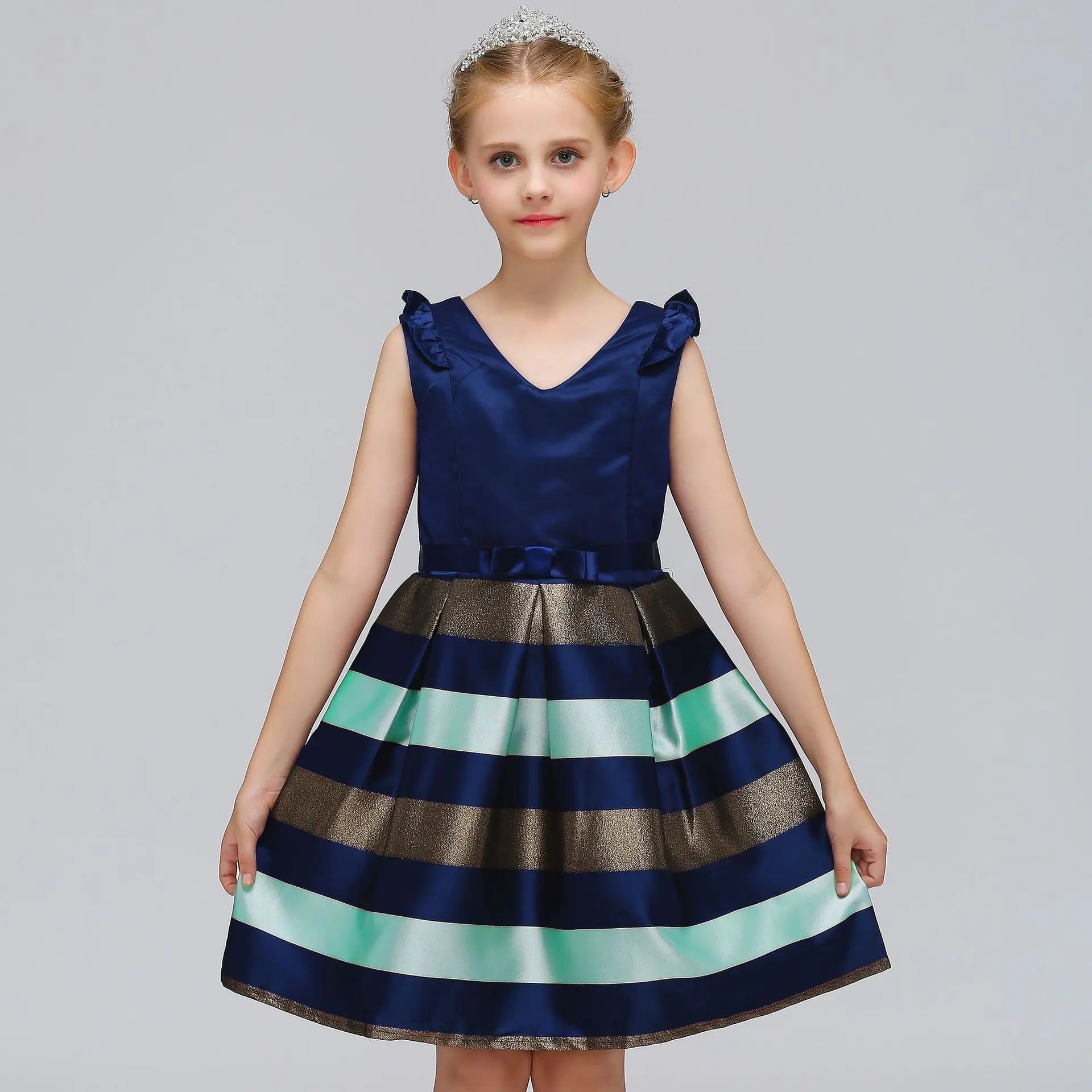 Girls Striped Flying Sleeve Bow Knot Colored Dress Birthday Party Wedding Flower-Dollar Bargains Online Shopping Australia