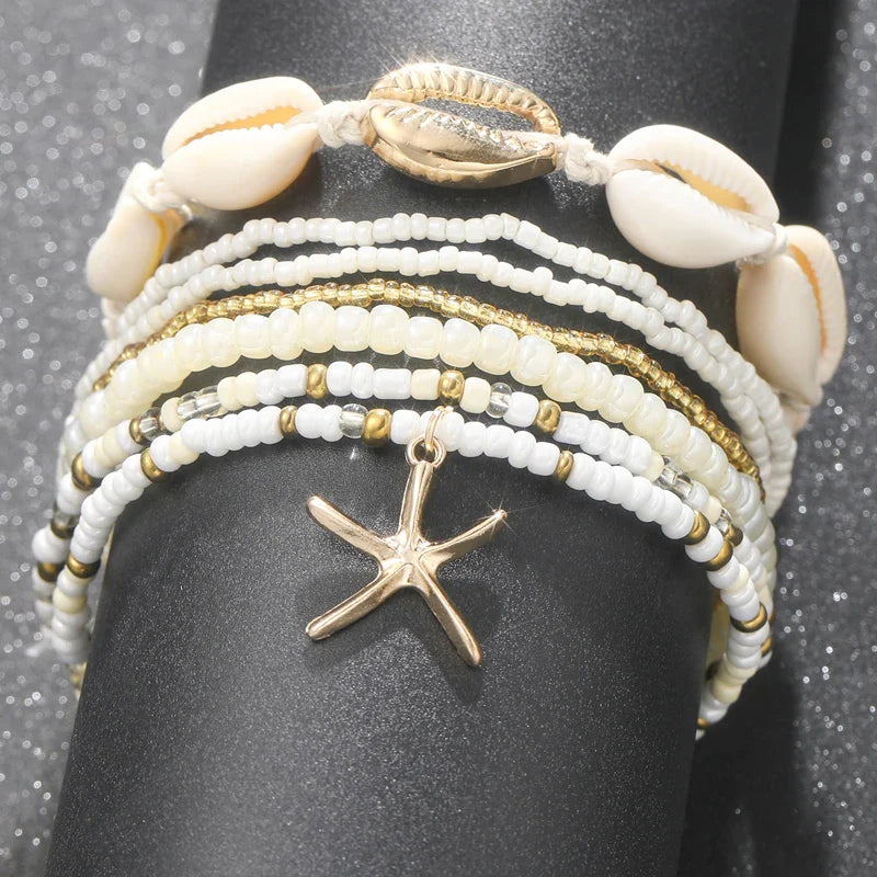 7pc/set Bohemian Rice Beads Starfish Pendant Anklet Set Fashion Summer Beach Sea Shell Multilayer Ankle Bracelet On Foot Jewelry-Dollar Bargains Online Shopping Australia