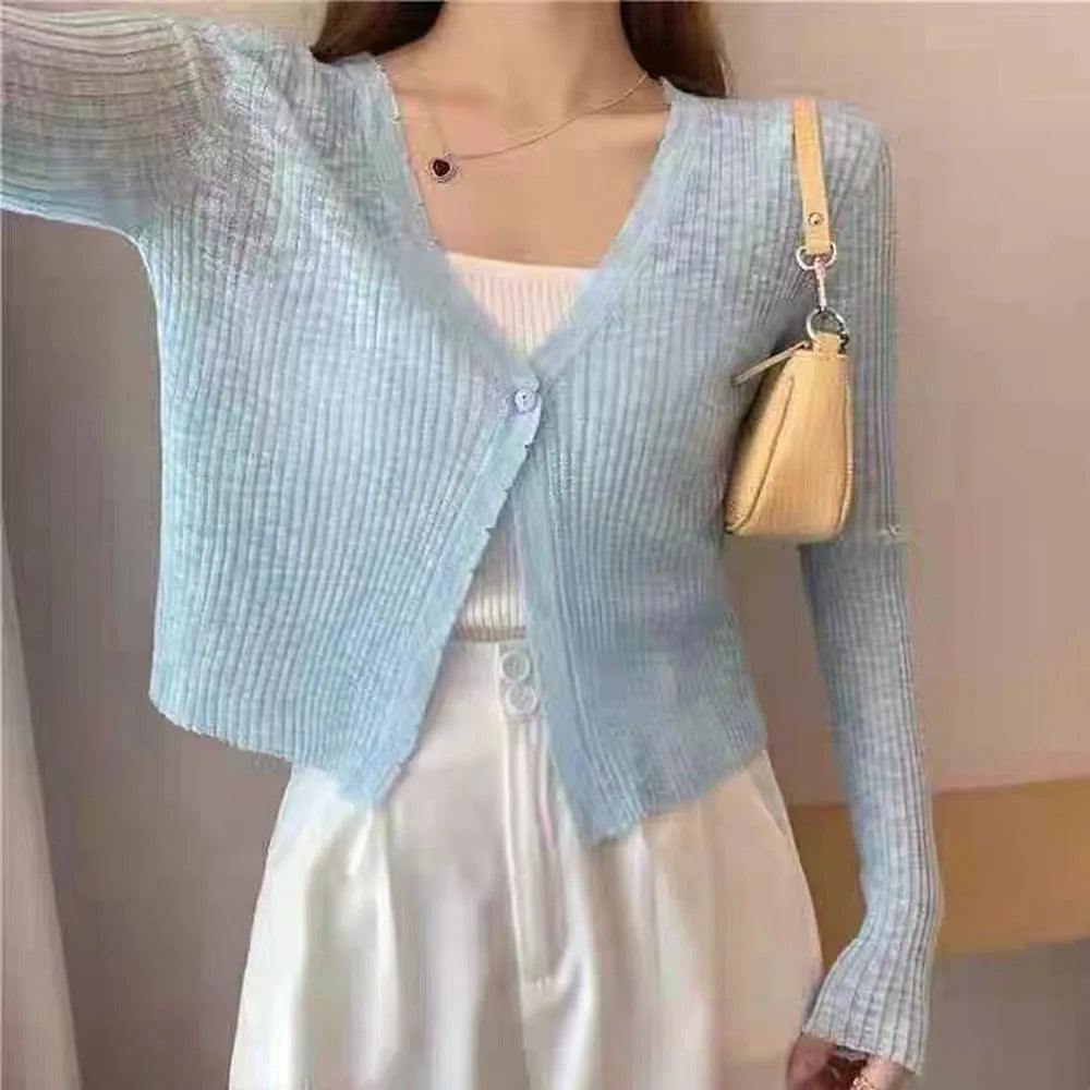 Sexy Women V Neck Button Long Sleeve Cropped Knitted Loose Sweater Tops-Dollar Bargains Online Shopping Australia