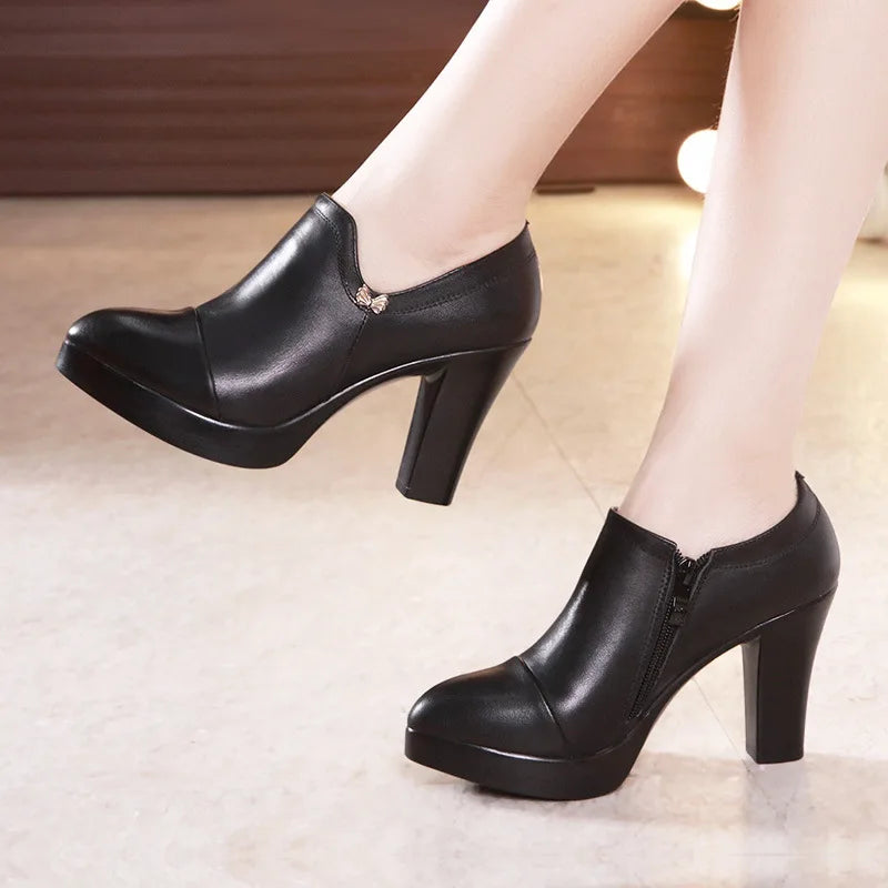 Block Heels Platform Pumps Women Split Leather Shoes High Heels for Thin Feet Office Model Mom-Dollar Bargains Online Shopping Australia