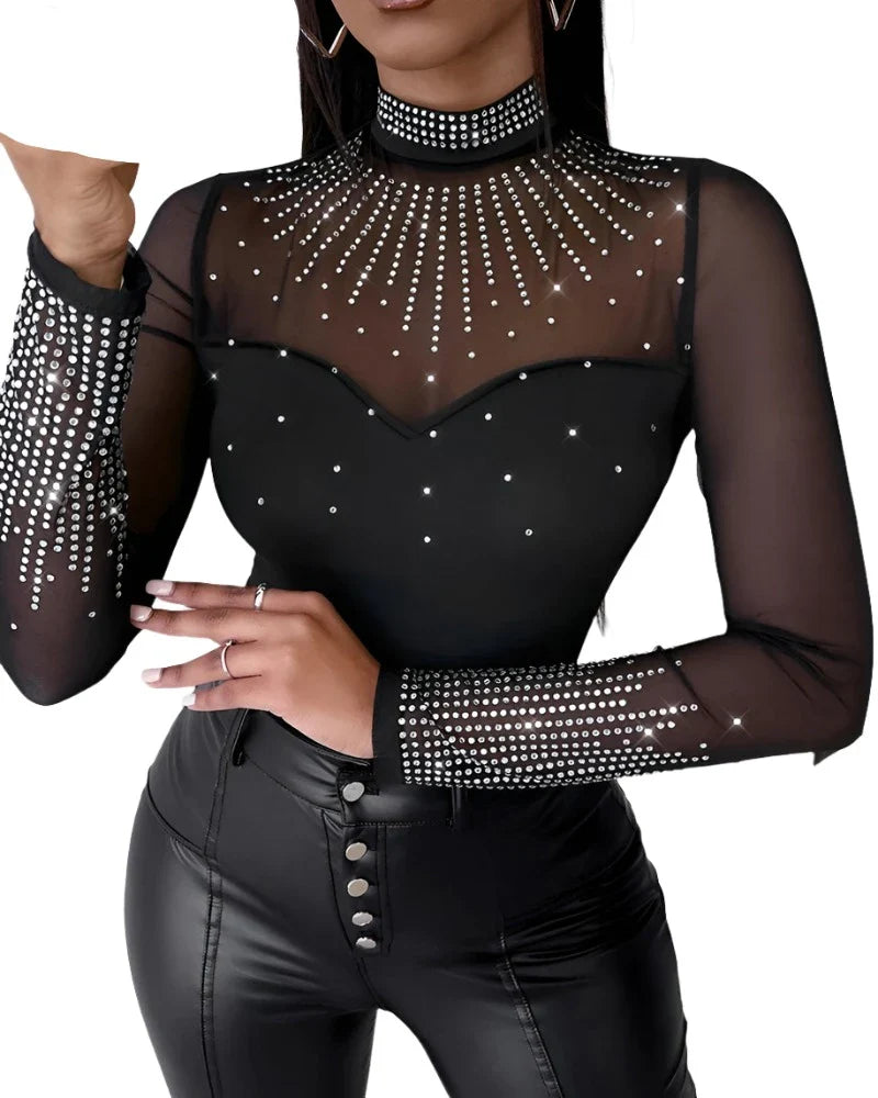 Women Sexy Solid Long Sleeves Contrast Mesh Patch Rhinestone Decor Bodysuits-Dollar Bargains Online Shopping Australia