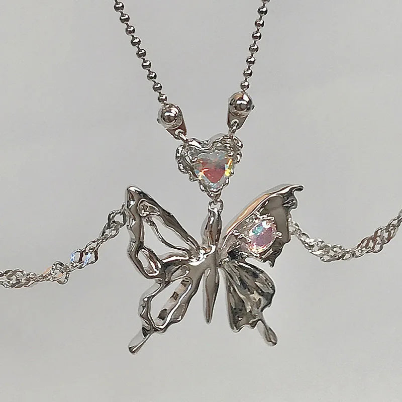 Kpop Y2K Aesthetic Butterfly Pendant Necklace for Women Hip Hop Vintage Double Chain Heart Necklaces Girls Gifts Jewelry-Dollar Bargains Online Shopping Australia