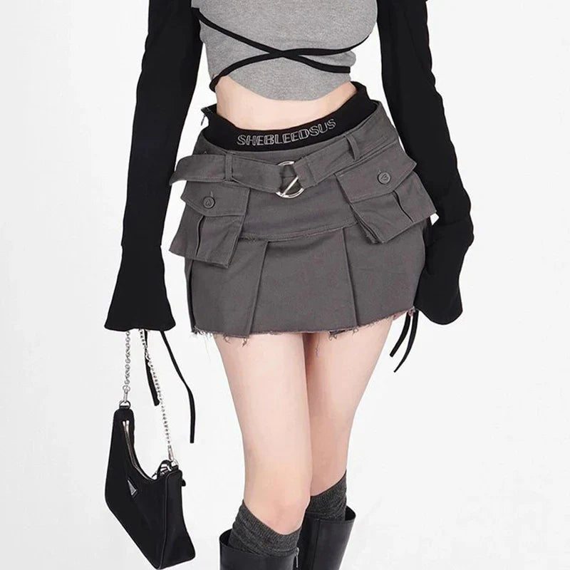 Y2K Denim Cargo Skirts Tassel Women Streetwear Patchwork Pleated Mini Skirt Harajuku High Waist Multi Pocket Jeans A Line Skirts-Dollar Bargains Online Shopping Australia