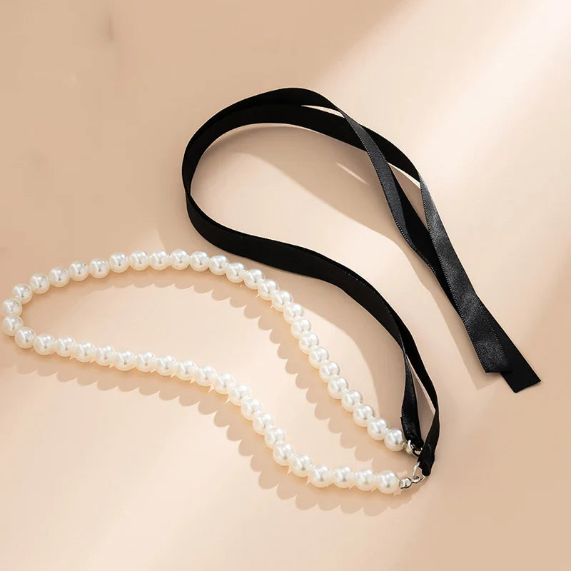 Wedding Party Jewelry Long Black Ribbon Choker Necklace For Women Elegant White Imitation Pearl Beach Vacation Necklaces-Dollar Bargains Online Shopping Australia