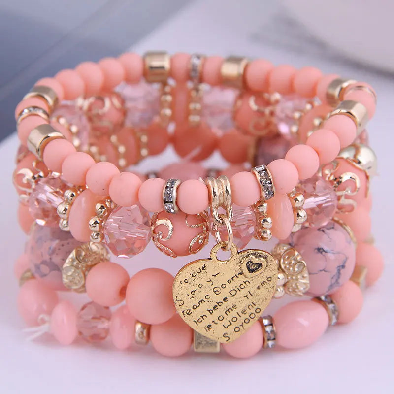 Bohemian Pink Crystal Beads Heart Charm Bracelets Women Girls Ethnic Tree Of Life Charm Wrap Bracelet-Dollar Bargains Online Shopping Australia