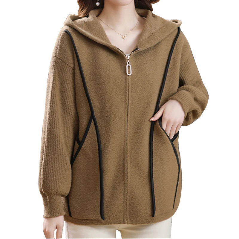 Women Soft Warm Hooded Cardigan Sweater Knitwear Zipper Opening Design Knit Coat