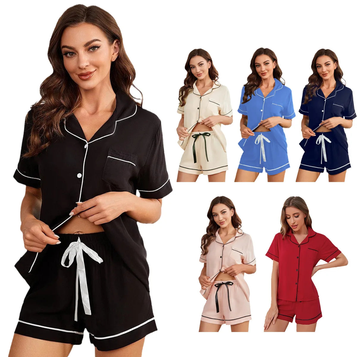 Piped Pajama Sets Shorts Women Set Pyjama Ensembles Crop Short Pj