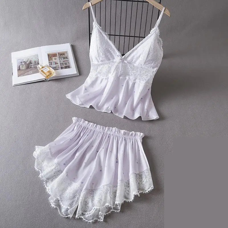 Summer New Strap Pajamas Set Women Lace Sleepwear Print Nightwear Intimate Lingerie Silky Satin Pyjamas Sleep Suit Homewear