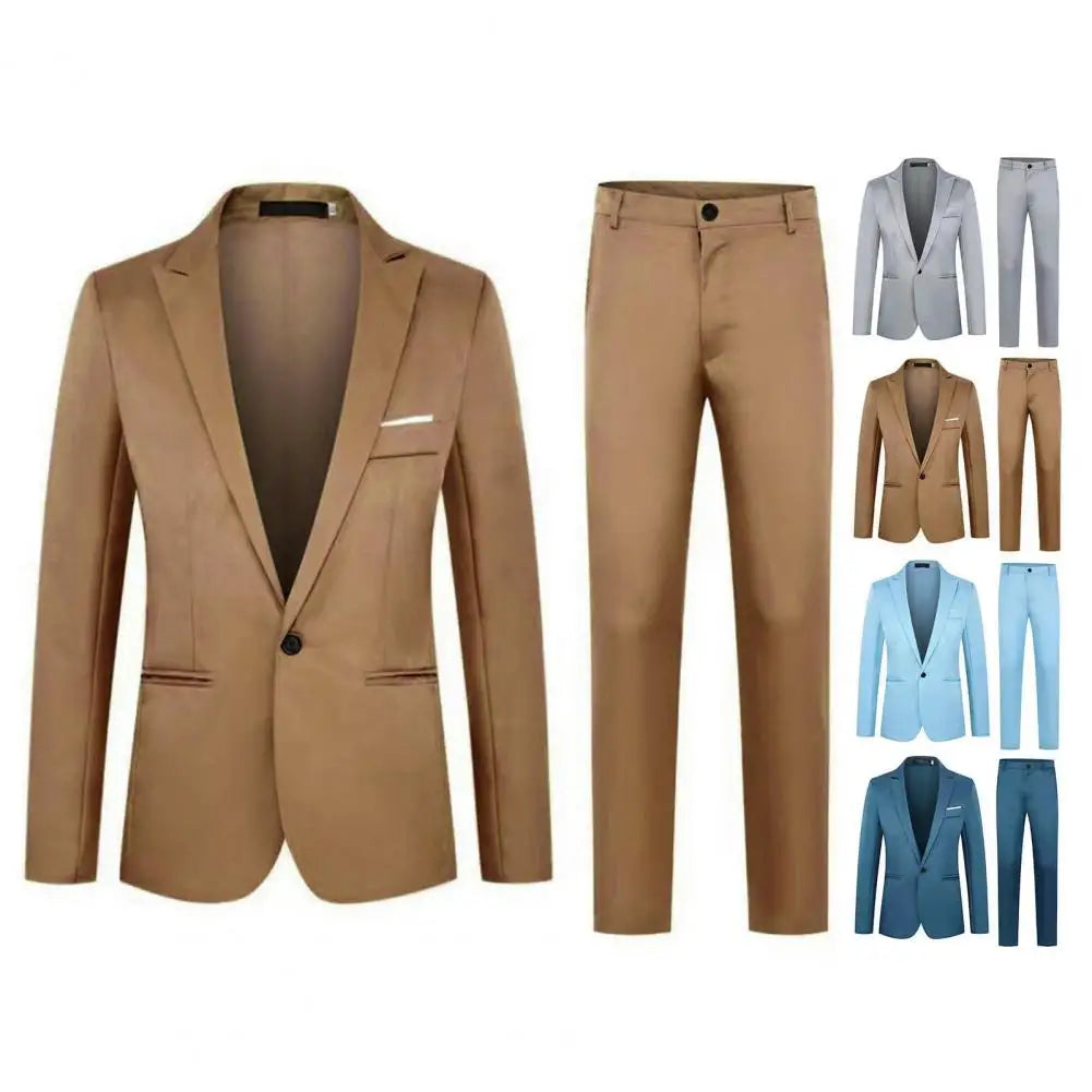 Men Slim Fit Pants Set Men's Slim Fit Business Suit Set with Single Button Long Pants Spring Autumn Solid Color Lapel Design