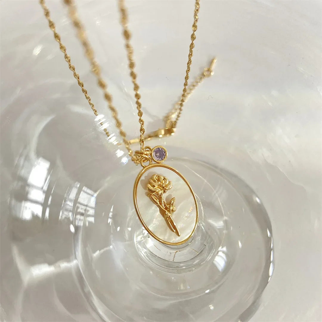 12 Birth Month Flower Birthstone Necklace for Women Charm White Shell Pendant Necklaces Mom Girlfriend Birthday Gift-Dollar Bargains Online Shopping Australia