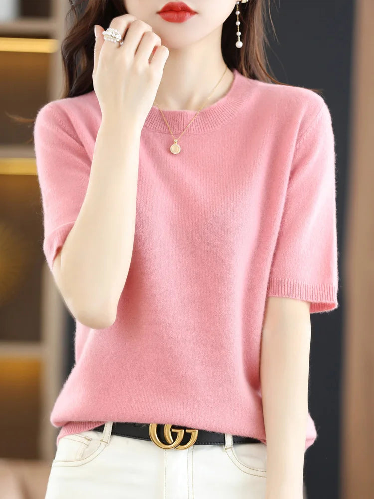 Short-sleeved Knitwear Women O-neck T-shirt Wool Cotton Blend Pullover Vest Sprig Summer Bottoming Tops Sweater Solid Soft-Dollar Bargains Online Shopping Australia