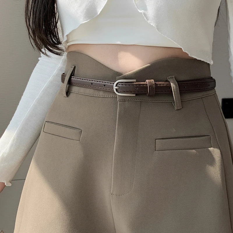 High Waist Gray Work Short Pants With Belt Fall Casual Suits Fabric Wide Leg Shorts Women-Dollar Bargains Online Shopping Australia