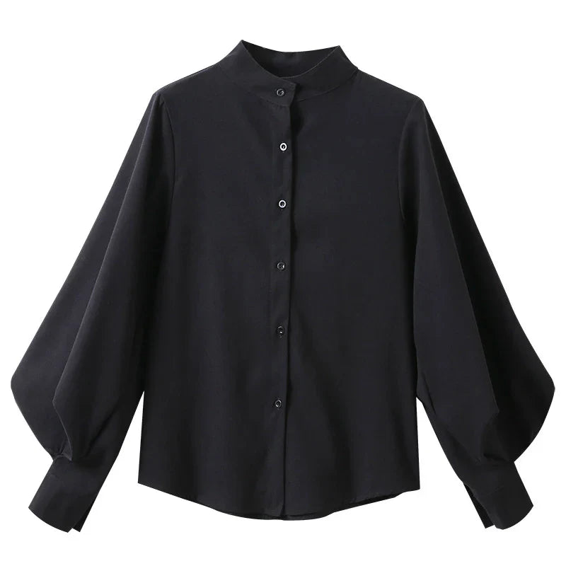 Big Lantern Sleeve Blouse Women Autumn Winter Single Breasted Stand Collar Shirts Office Work Blouse Solid Vintage Blouse Shirts-Dollar Bargains Online Shopping Australia