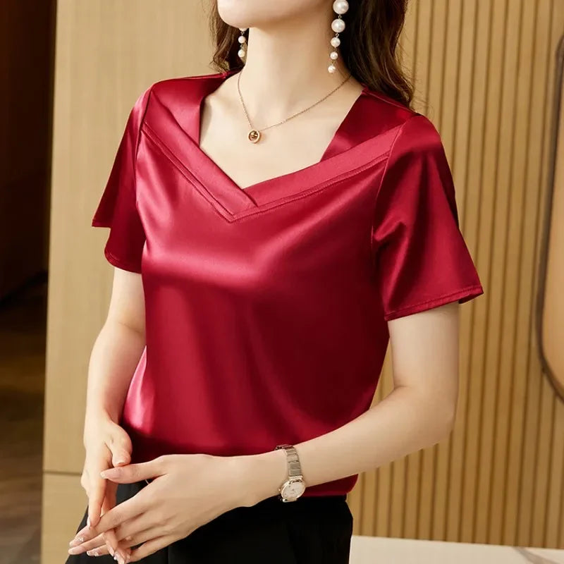 Satin Blouse Women Tops Fashion V-Neck Short Sleeve Blouses Suit Bottom Shirt Silk Vintage-Dollar Bargains Online Shopping Australia