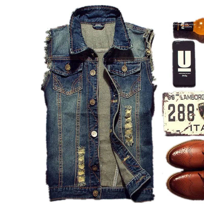 Men's Denim Vest Ripped Jean Plus Size 5XL Denim Vest Jacket Coats Waistcoat Men Sleeveless Jacket Male Tank