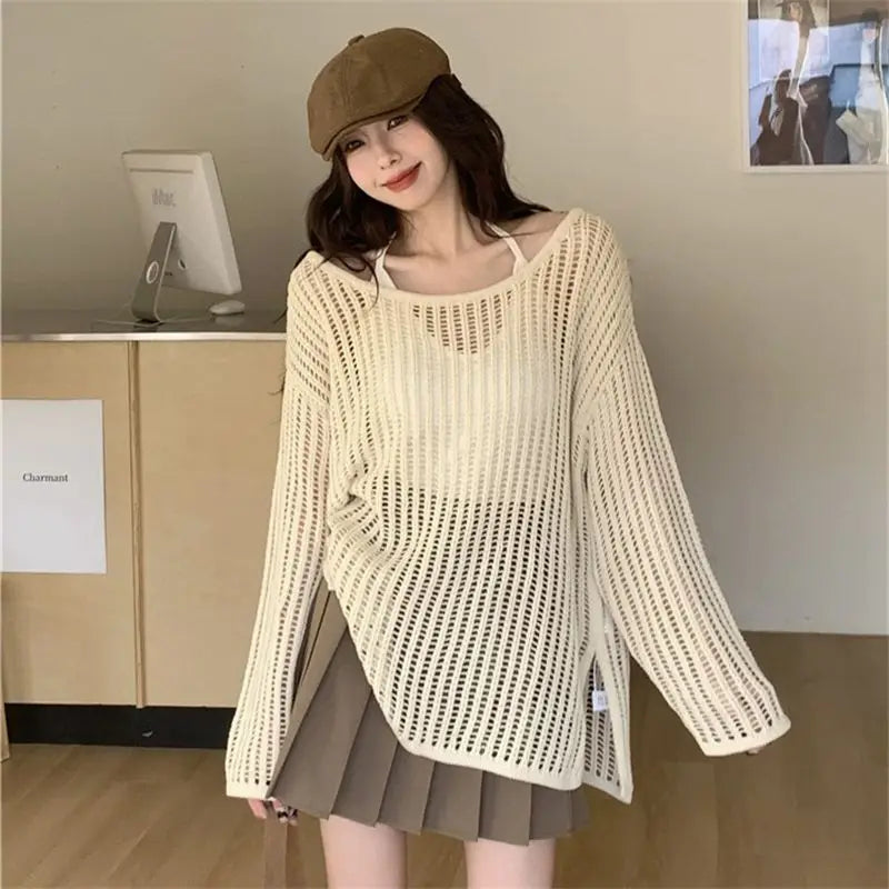 Korean Version Thin Hollow Long Sleeve Knitted Cardigan Women Spring Summer Design Niche Short Tops Loose Sexy-Dollar Bargains Online Shopping Australia