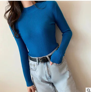 Sweater Top Women Ribbed Soft Mock Neck Elastic Pullover Warm Solid Color Slim Jumper-Dollar Bargains Online Shopping Australia