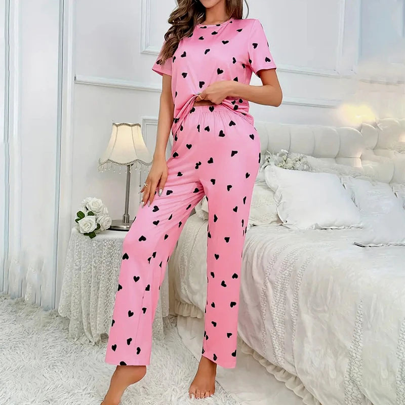 Women's Sleepwear Love Printed Short Sleeved T-shirt and Trousers Pajamas Set Casual Homewear Soft Comfortable Pyjamas Femme Pjs