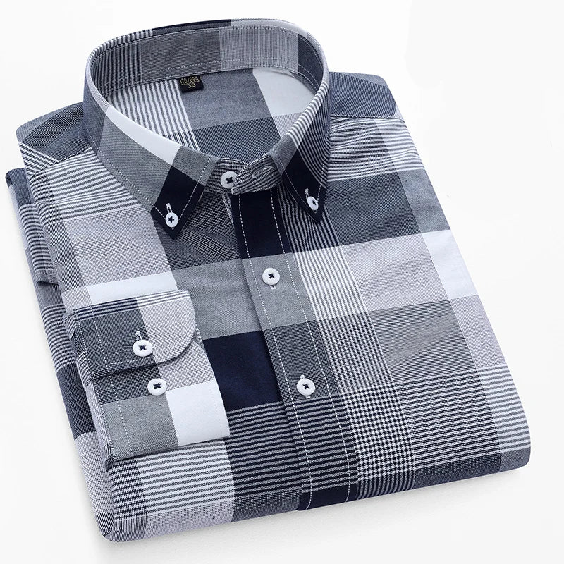 100% Pure Cotton Oxford Men's Plaid Shirt Long Sleeve Regular Fit Men Casual Soft Comfortable Oversized Shirts