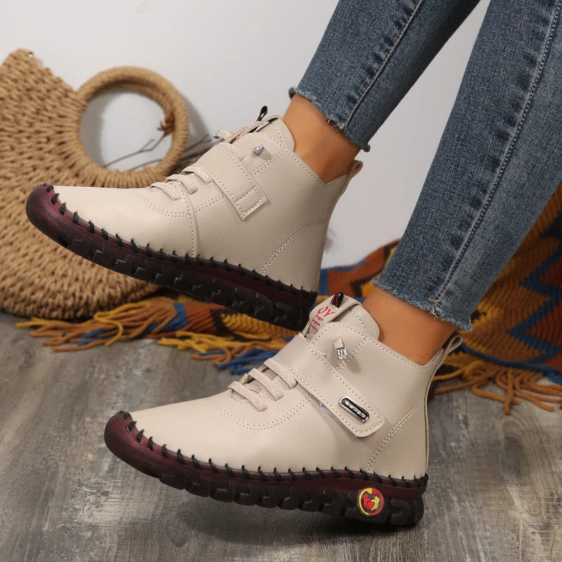 Sneakers Women Shoes Platform Loafers Lace Up Leather Flat Slip On New Spring Casual Mom Shoes Hand Stitched Winter Bare Boots