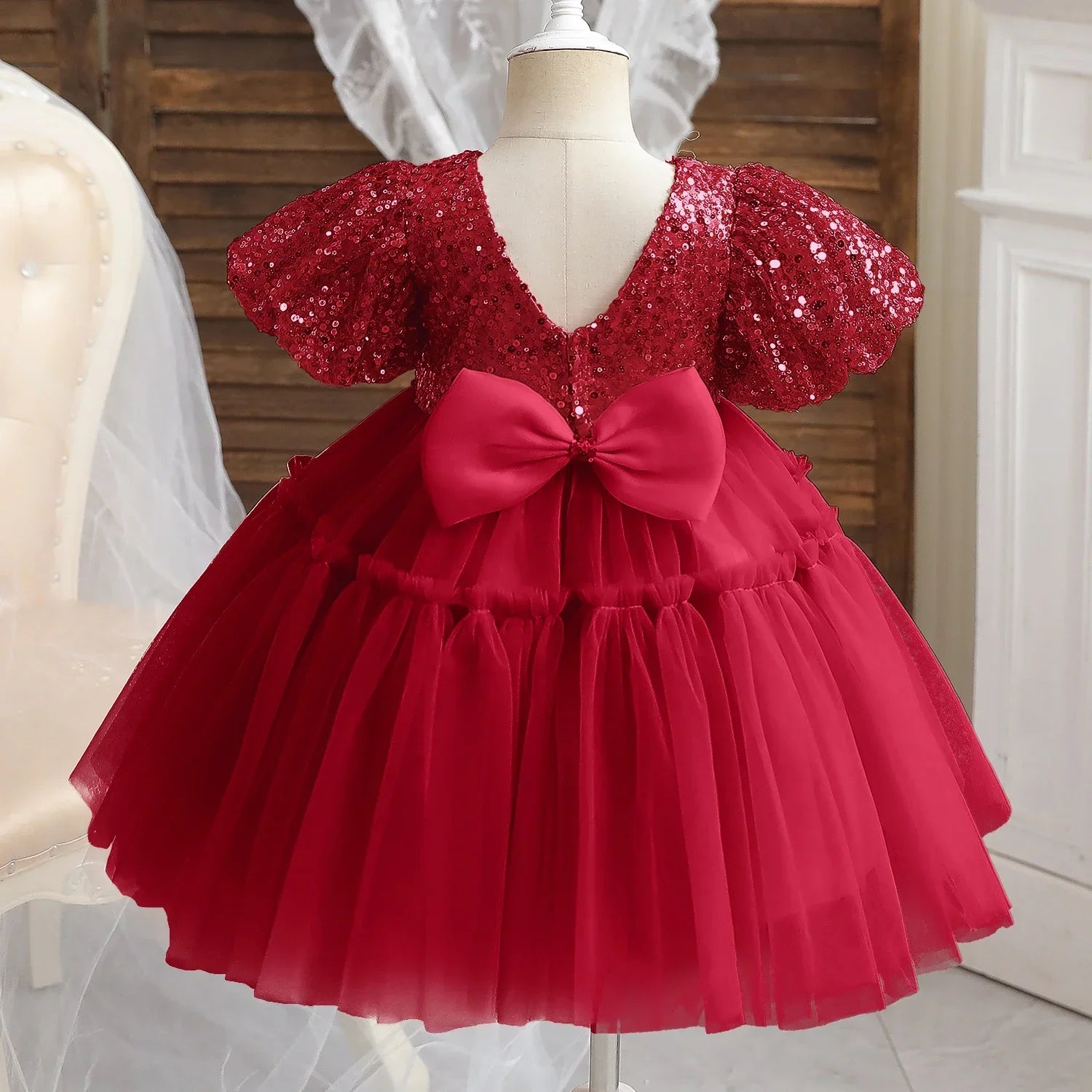 Toddler Girl Party Princess Dress Baby Champagne 1st Birthday Outfits Kids Summer Puff Sleeve Sequin Tutu Gown Girl Gala Clothes-Dollar Bargains Online Shopping Australia