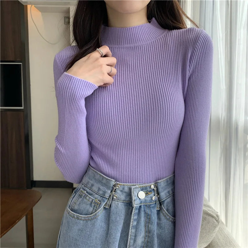 Sweater Top Women Ribbed Soft Mock Neck Elastic Pullover Warm Solid Color Slim Jumper-Dollar Bargains Online Shopping Australia