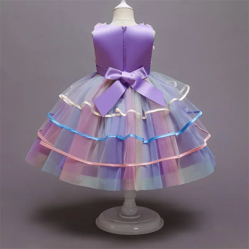 Girls Rainbow Tulle Dresses Kids Wedding Tutu Layers Cake Princess Elegant Party Prom Dress Children Communion Evening Clothes