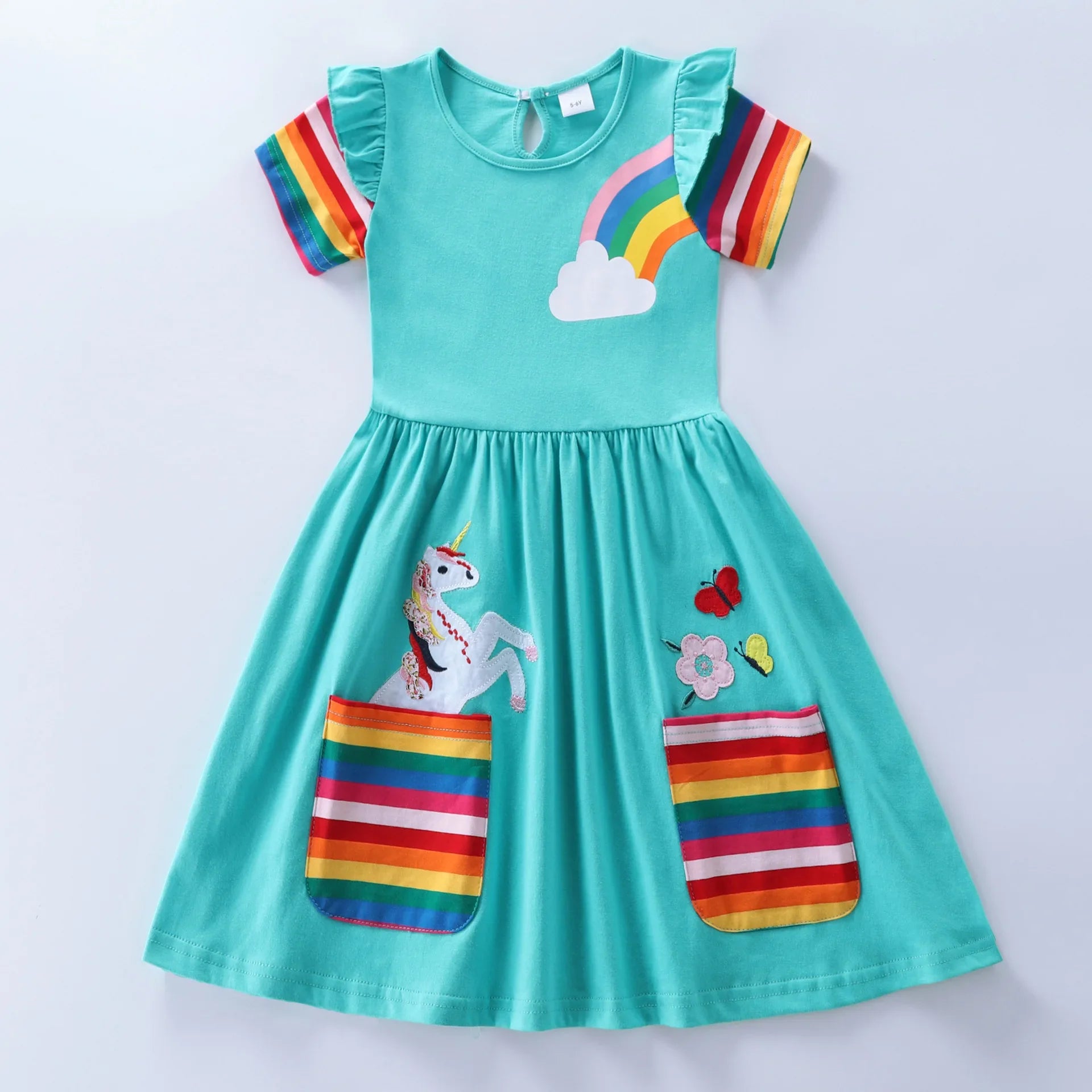 Girls Short Sleeve Unicorn Dress New Summer Embroidered Two Pockets Rainbow Sleeve-Dollar Bargains Online Shopping Australia