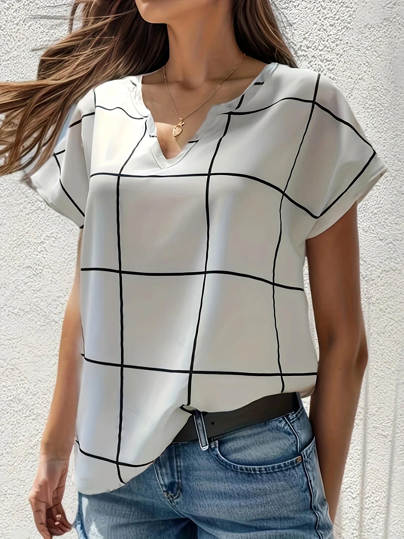 Women Plaid Printed Blouses Shirts Casual V Neck Short Sleeve Tops Ladies Basic Chic Blouses Tops-Dollar Bargains Online Shopping Australia