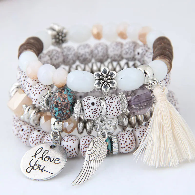 Bohemian Multicolor Pink Crystal Beads Bracelets Women Girls Elastic Tassel Wing Letters Rope Bracelet-Dollar Bargains Online Shopping Australia