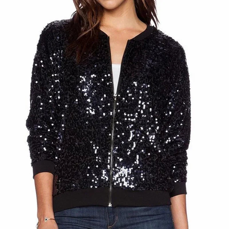 Women Black Sequin Bomber Jacket Loose Stand Collar Casual Velour Coat Zip Up Baseball Jacket-Dollar Bargains Online Shopping Australia