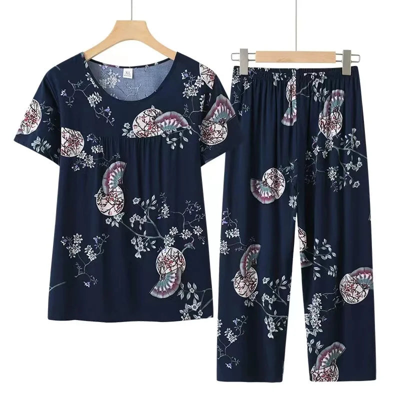 Cotton Pyjamas Women's Pajamas Set Short Sleeve Two Piece Set Casual Mother Home Clothes Pant