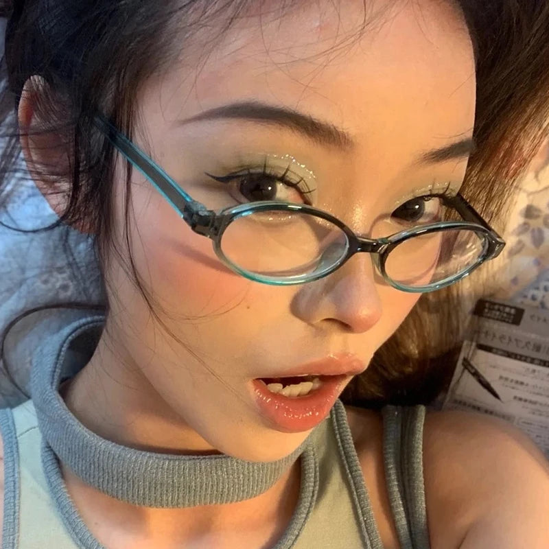 Japanese Harajuku Retro Oval Glasses Frame Women No Makeup Fashion Anti-blue Glasses Men Contrasting Cute Decorative Glasses