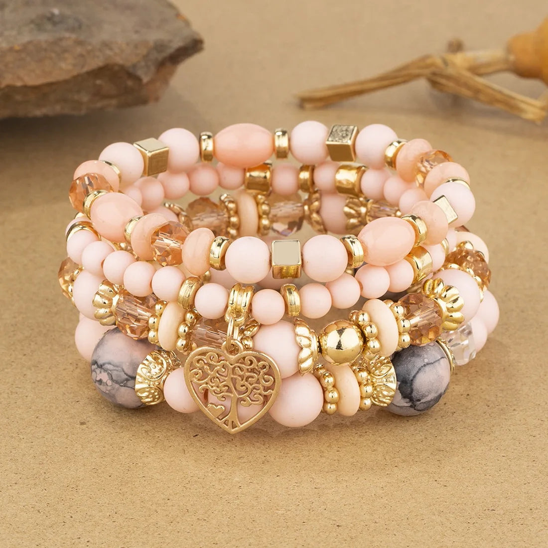 Bohemian Pink Crystal Beads Heart Charm Bracelets Women Girls Ethnic Tree Of Life Charm Wrap Bracelet-Dollar Bargains Online Shopping Australia