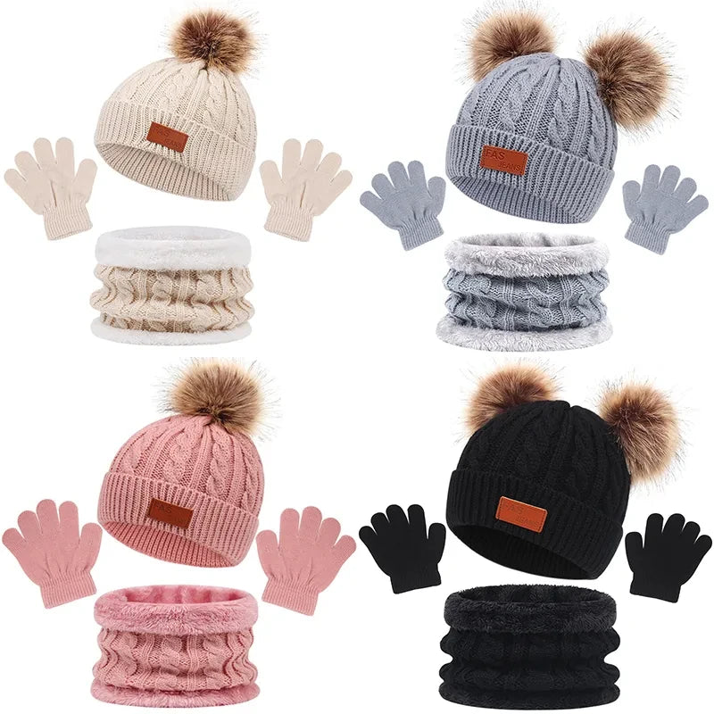 3Pcs Winter Baby Hat Scarf Gloves Set Solid Color Toddler Bonnet Cute Pompom Knitted Hats Outdoor Warm Infant Accessories 1-5Y-Dollar Bargains Online Shopping Australia