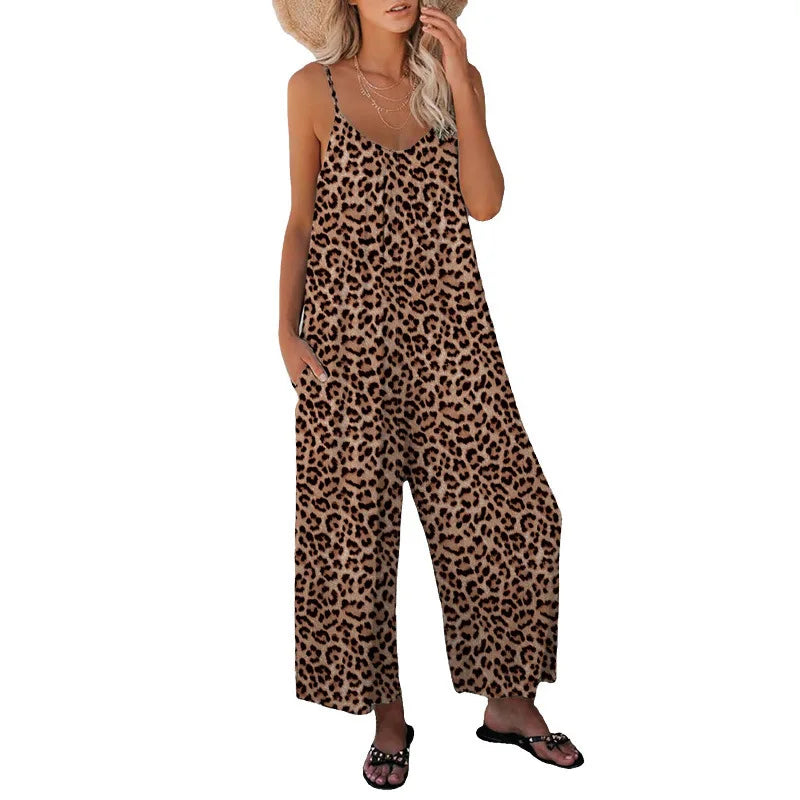 Women's Pants Cross Border Leopard Pattern Pocket Loose Casual Strap Jumpsuit-Dollar Bargains Online Shopping Australia