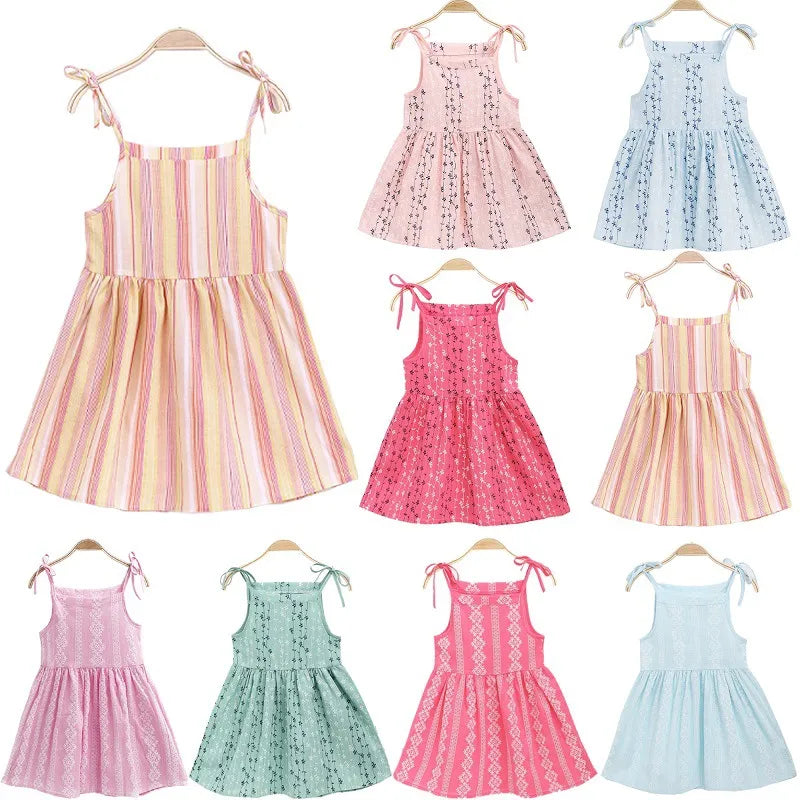 Girls Strappy Dress Kids Pink Sleeveless Printed Dress Baby Cotton And Linen Casual Princess Dress-Dollar Bargains Online Shopping Australia