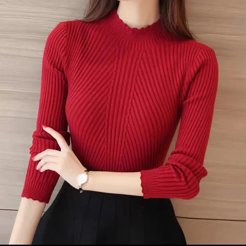 Women Mock Neck Ruffles Sweater Long Sleeve Knitted Pullovers Sweater-Dollar Bargains Online Shopping Australia