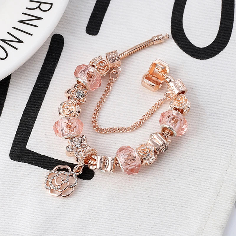 Silver Color Charm Bracelet For Women with Flower Pendant & Rose Gold Crystal Ball Fine Bracelet